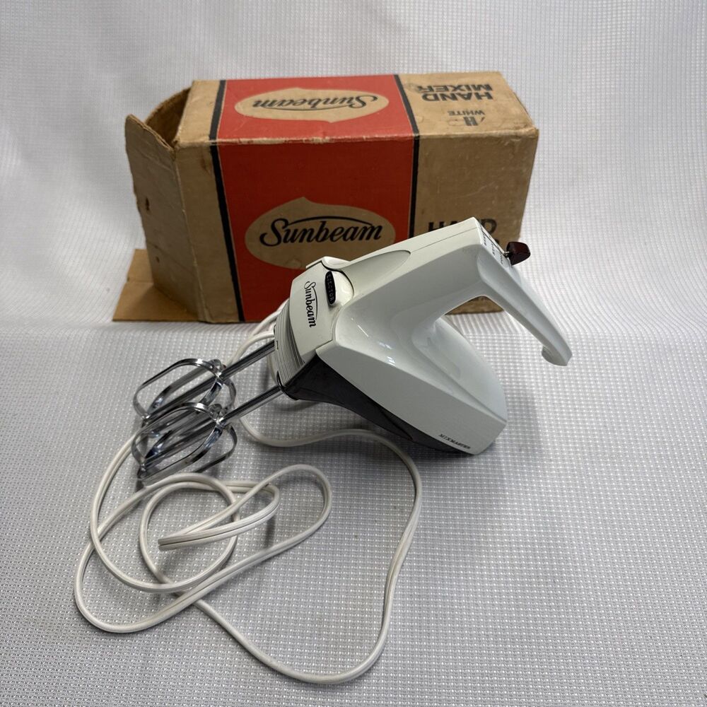 VTG Sunbeam Mixmaster Hand Mixer 3 Speed Model H White in Orig. 60's Box -Works!